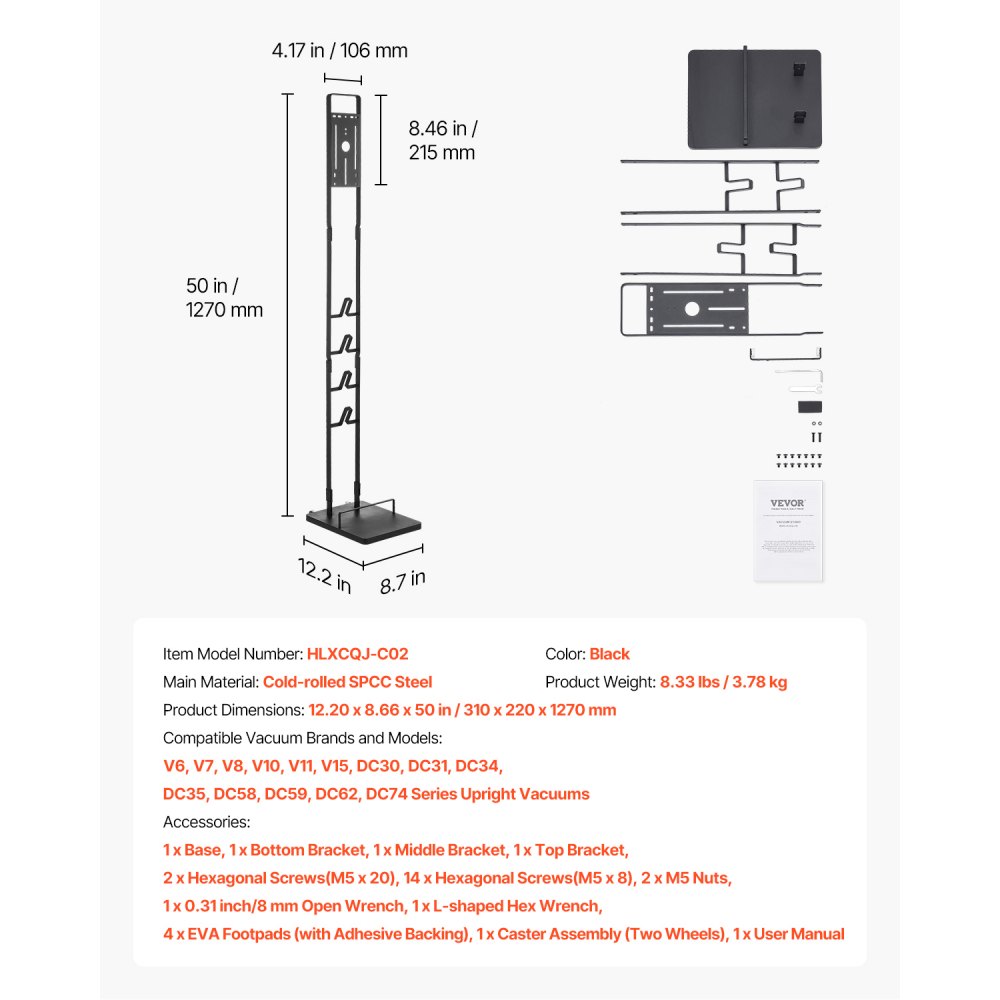 VEVOR Vacuum Stand, Compatible With Dyson V6 V7 V8 V10 V11 V15, Stable Vacuum Stand Holder with Wheels for Dyson DC30 DC31 DC34 DC35 DC58 DC59 DC62 D74 Cordless Upright Vacuum Cleaners & Accessories