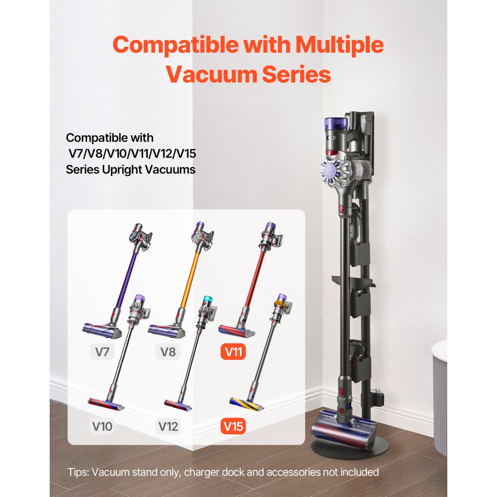 VEVOR Vacuum Stand, Compatible With V7 V8 V10 V11 V12 V15 Series Upright Vacuum Cleaners & Accessories, Stable Vacuum Stand Holder with 4 Anti-slip Pads and 3 Clips for Storing 6 Brush Heads