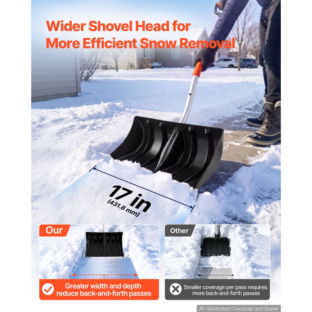 VEVOR Snow Shovel for Driveway 17" Wide Plastic Shovel with D-Grip Handle, for Home Garden Camping Outdoor, Aluminum Strip, Large Capacity Lightweight Ergonomic Snow Removal Tool, Extended Handle