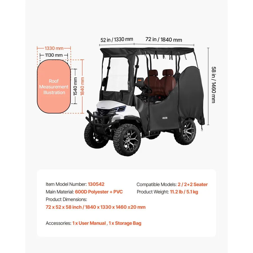 VEVOR Golf Cart Cover, Visible Full-Enclosure 2&2+2 Passenger Golf Cart, 600D Waterproof Oxford Fabric Club Car Cover Fits Most Carts Club Car, Yamaha, EZGO, Honda, PVC Coating & Windproof Hook Design