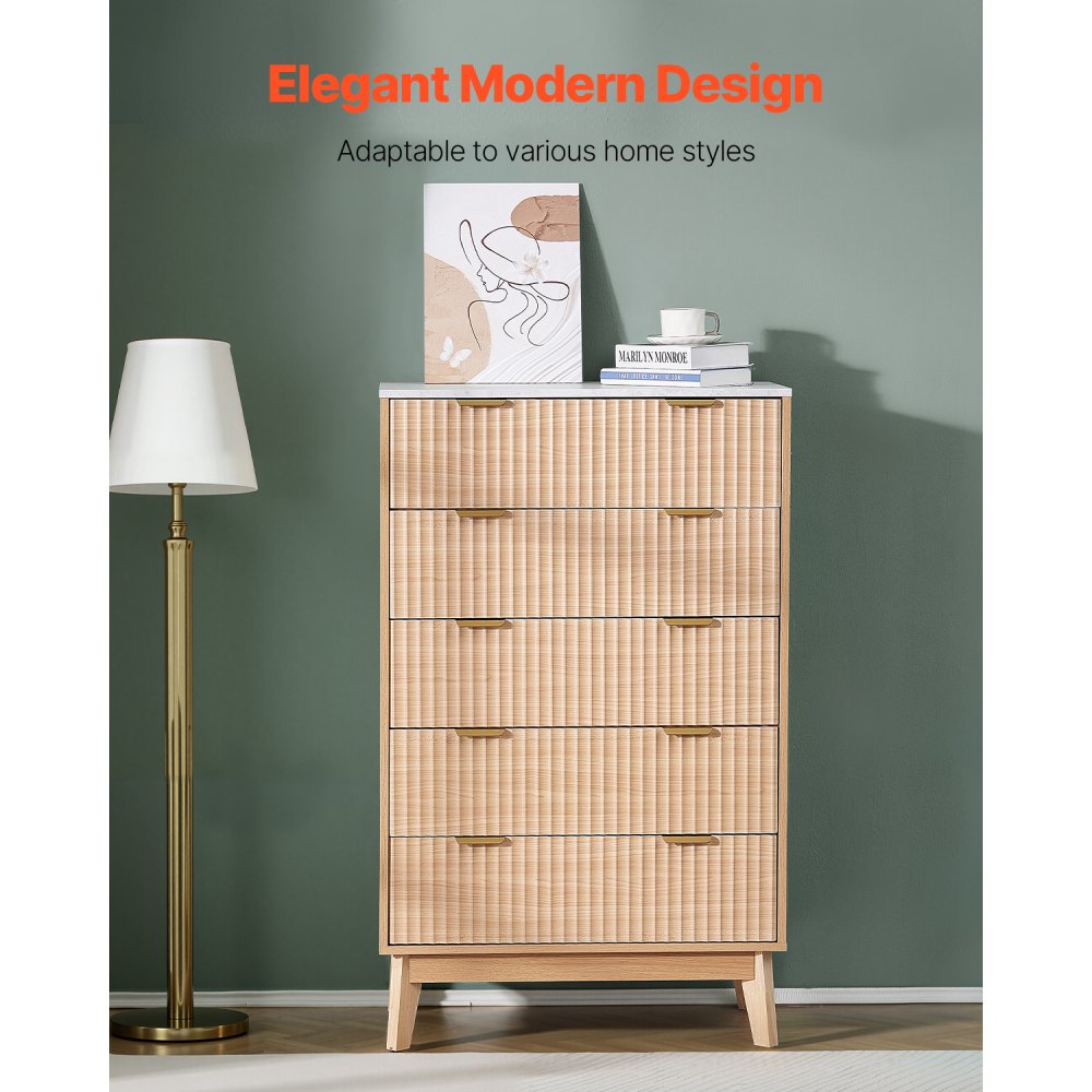 VEVOR 5 Fluted Drawer Dresser, Wooden Chest of Drawers with Sliding & Anti-tip Device, Modern Minimalist Dresser Chest, Closet Storage Organizer for Living Room, Hallway, Bedroom, Entryway, Light Wood