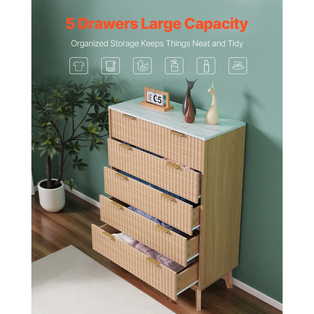 VEVOR 5 Fluted Drawer Dresser, Wooden Chest of Drawers with Sliding & Anti-tip Device, Modern Minimalist Dresser Chest, Closet Storage Organizer for Living Room, Hallway, Bedroom, Entryway, Light Wood