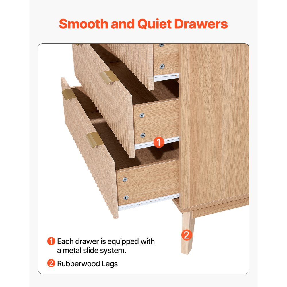 VEVOR 5 Fluted Drawer Dresser, Wooden Chest of Drawers with Sliding & Anti-tip Device, Modern Minimalist Dresser Chest, Closet Storage Organizer for Living Room, Hallway, Bedroom, Entryway, Light Wood