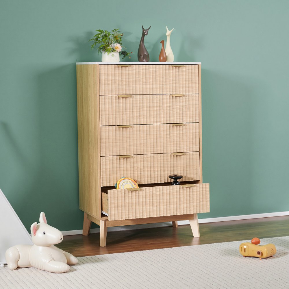 VEVOR 5 Fluted Drawer Dresser, Wooden Chest of Drawers with Sliding & Anti-tip Device, Modern Minimalist Dresser Chest, Closet Storage Organizer for Living Room, Hallway, Bedroom, Entryway, Light Wood