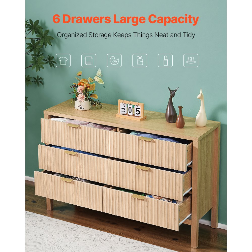 VEVOR 6 Fluted Drawer Dresser, Wooden Chest of Drawers with Sliding & Anti-tip Device, Modern Minimalist Dresser Chest, Closet Storage Organizer for Living Room, Hallway, Entryway, Light Wood