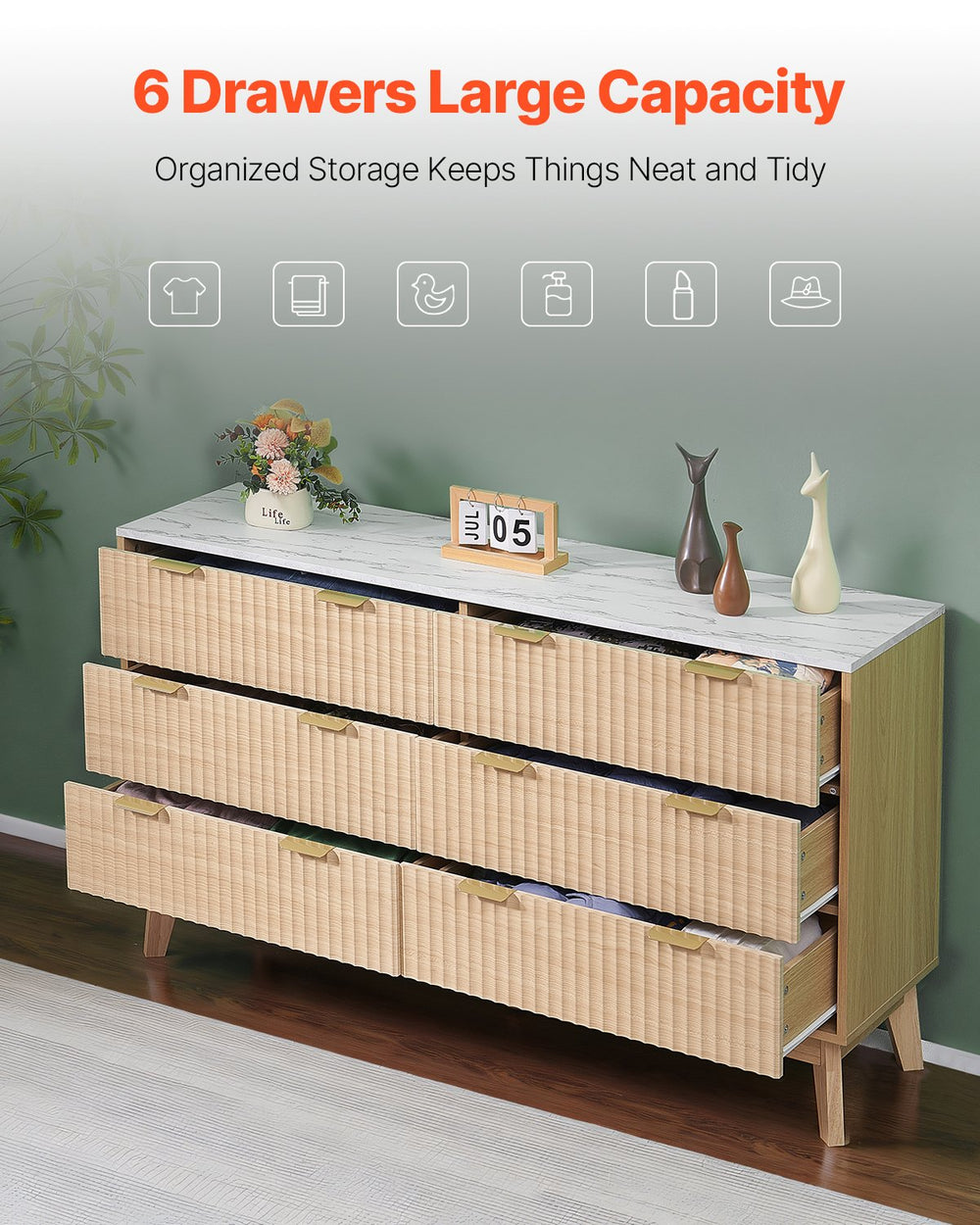 fluted wood dresser Vevor Fluted Wooden Dresser 54 x 15 x 32 in. 6 Drawer Organizer New – FactoryPure