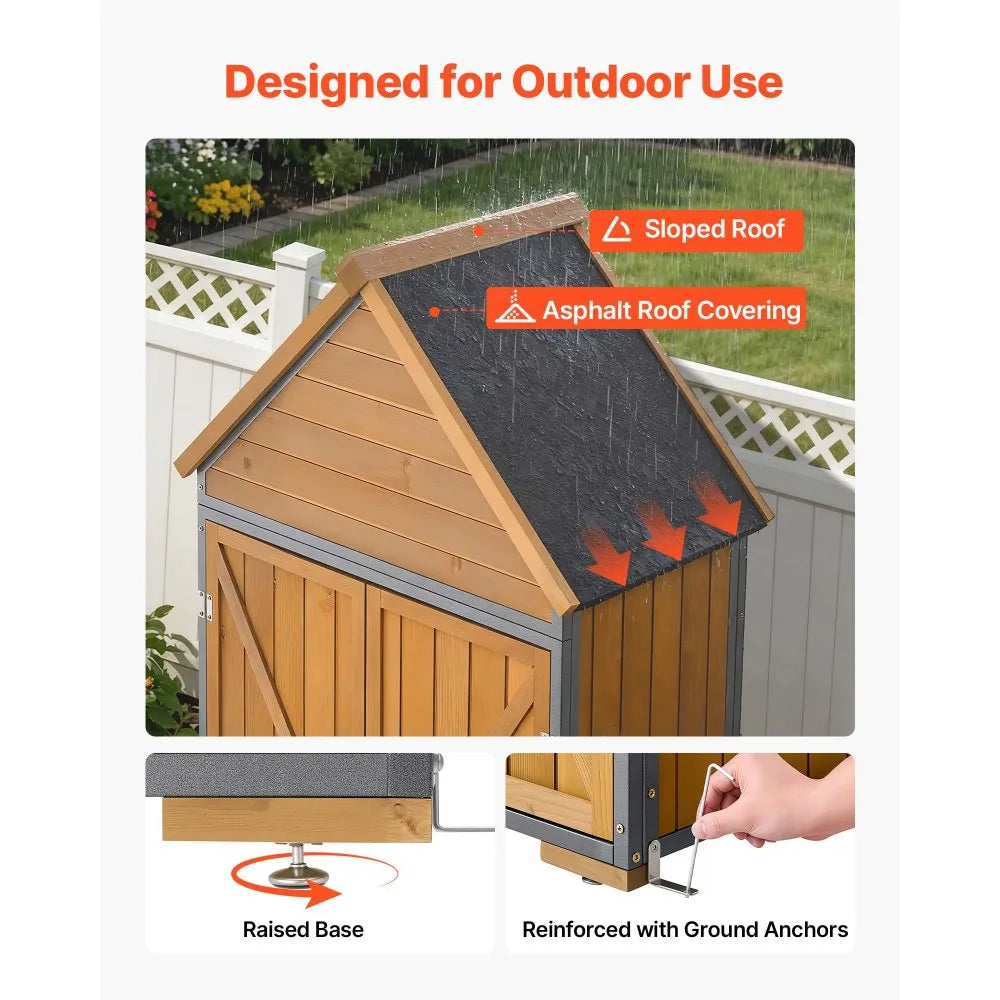 VEVOR Outdoor Storage Shed, 44.09" x 66.93" Wood & Metal Garden Tool Shed with Lockable Doors & Sloped Roof, Waterproof Outside Storage Cabinet with Shelves & Floor for Backyard Patio Lawn, Brown