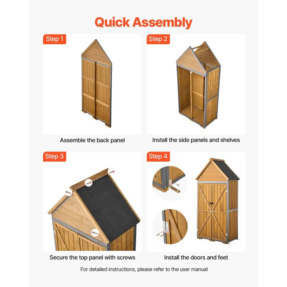 VEVOR Outdoor Storage Shed, 44.09" x 66.93" Wood & Metal Garden Tool Shed with Lockable Doors & Sloped Roof, Waterproof Outside Storage Cabinet with Shelves & Floor for Backyard Patio Lawn, Brown