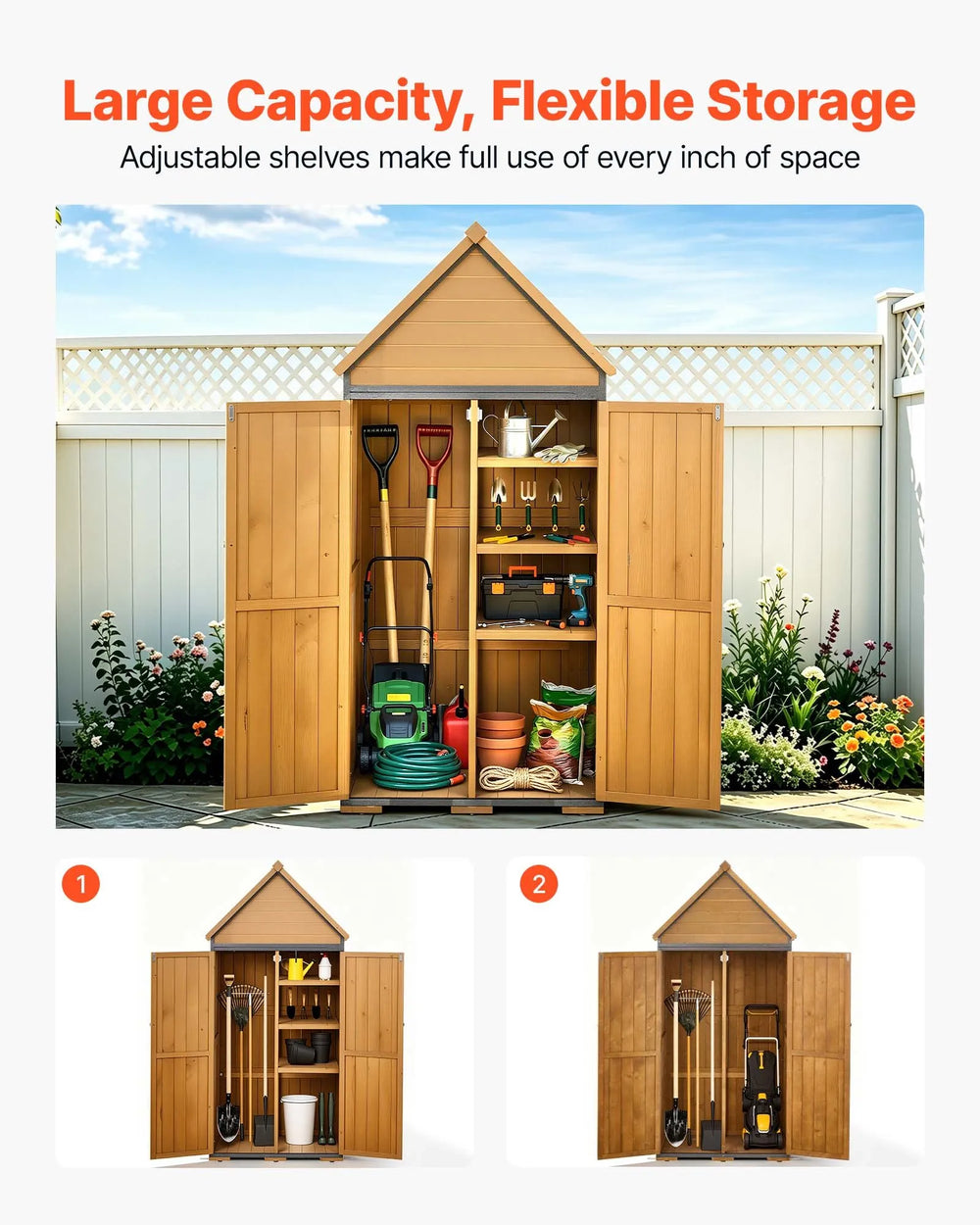 VEVOR Outdoor Storage Shed, 44.09" x 66.93" Wood & Metal Garden Tool Shed with Lockable Doors & Sloped Roof, Waterproof Outside Storage Cabinet with Shelves & Floor for Backyard Patio Lawn, Brown
