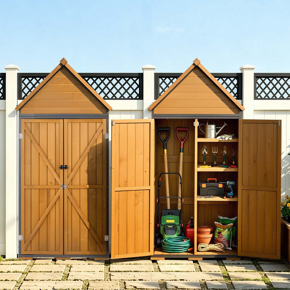 VEVOR Outdoor Storage Shed, 44.09" x 66.93" Wood & Metal Garden Tool Shed with Lockable Doors & Sloped Roof, Waterproof Outside Storage Cabinet with Shelves & Floor for Backyard Patio Lawn, Brown