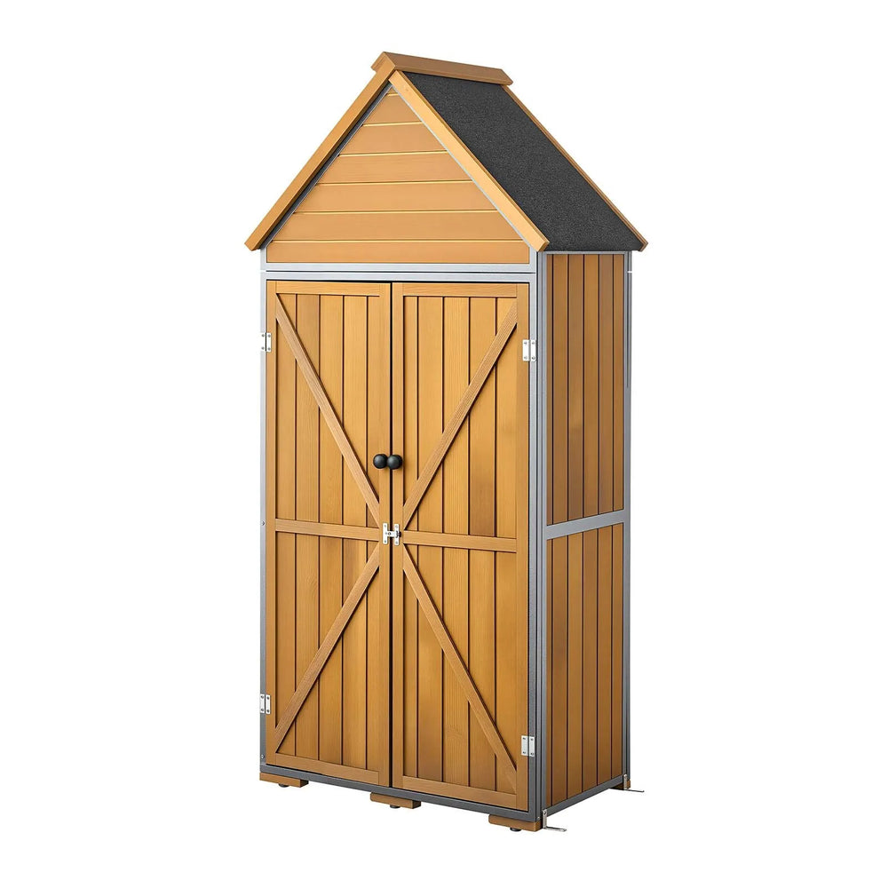 VEVOR Outdoor Storage Shed, 44.09" x 66.93" Wood & Metal Garden Tool Shed with Lockable Doors & Sloped Roof, Waterproof Outside Storage Cabinet with Shelves & Floor for Backyard Patio Lawn, Brown