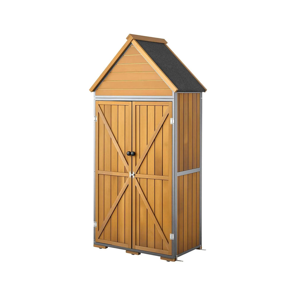 VEVOR Outdoor Storage Shed, 44.09" x 66.93" Wood & Metal Garden Tool Shed with Lockable Doors & Sloped Roof, Waterproof Outside Storage Cabinet with Shelves & Floor for Backyard Patio Lawn, Brown