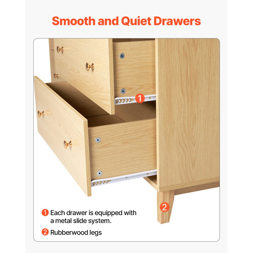 VEVOR 6 Drawer Dresser, Wooden Chest of Drawers with Sliding with Anti-tip Device, Modern Minimalist Dresser Chest, Closet Storage Organizer for Living Room, Hallway, Bedroom, Entryway, Light Wood