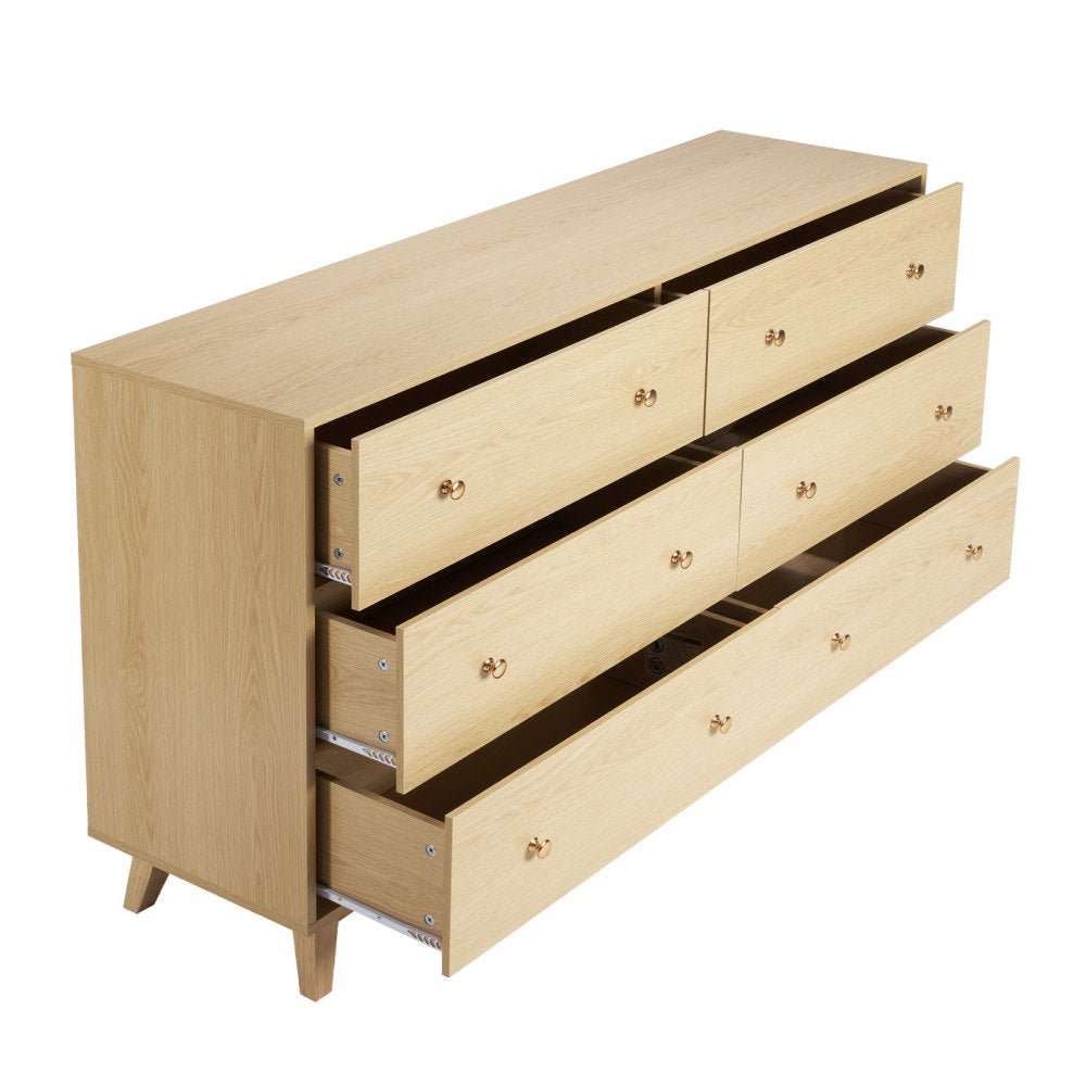 VEVOR 6 Drawer Dresser, Wooden Chest of Drawers with Sliding with Anti-tip Device, Modern Minimalist Dresser Chest, Closet Storage Organizer for Living Room, Hallway, Bedroom, Entryway, Light Wood