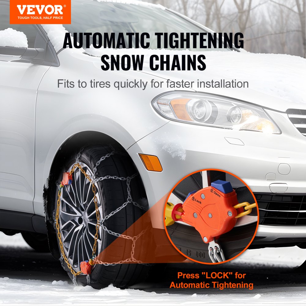 VEVOR Auto Tightening Snow Chains, Diamond Mesh Traction Wheel Chains for Anti-slip, Alloy Steel Tire Chains for Tires 265/75-15, 265/75-16, LT265/75-16, 255/75-17, LT255/75-17, 275/45-22, 265/70-16
