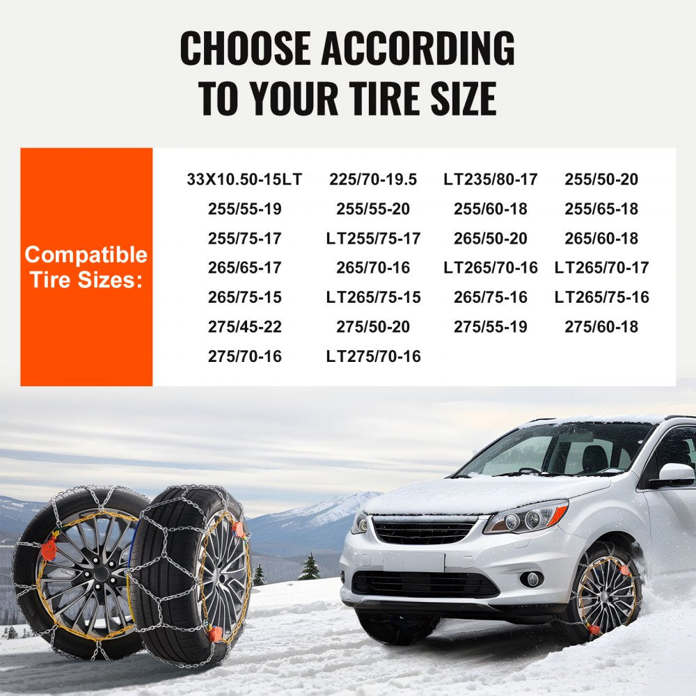 VEVOR Auto Tightening Snow Chains, Diamond Mesh Traction Wheel Chains for Anti-slip, Alloy Steel Tire Chains for Tires 265/75-15, 265/75-16, LT265/75-16, 255/75-17, LT255/75-17, 275/45-22, 265/70-16