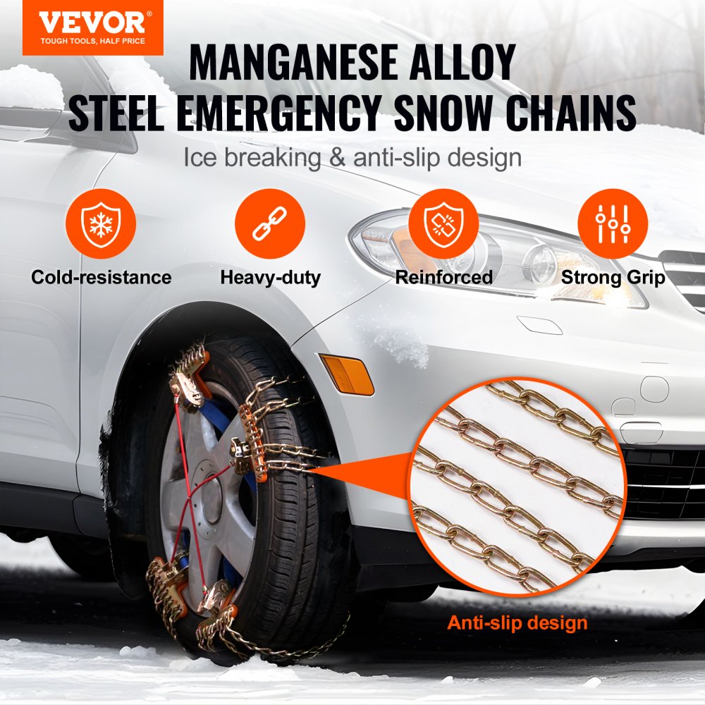 VEVOR 16 PCS Thickened Snow Chains, Tire Traction Wheel Chains for Tire Width 8-8.8 in /205-225 mm, Manganese Alloy Steel Emergency Tire Chains for Cars, Pickups, SUVs, and Trucks