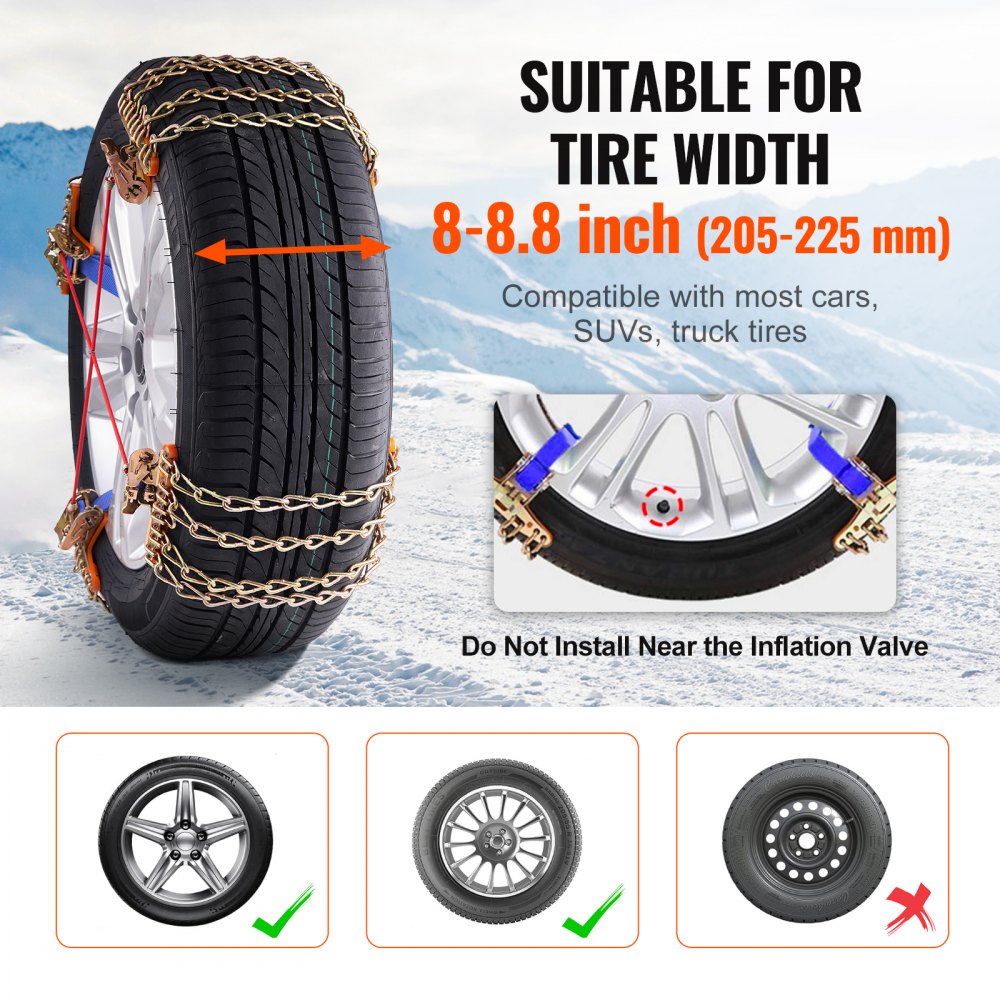 VEVOR 16 PCS Thickened Snow Chains, Tire Traction Wheel Chains for Tire Width 8-8.8 in /205-225 mm, Manganese Alloy Steel Emergency Tire Chains for Cars, Pickups, SUVs, and Trucks