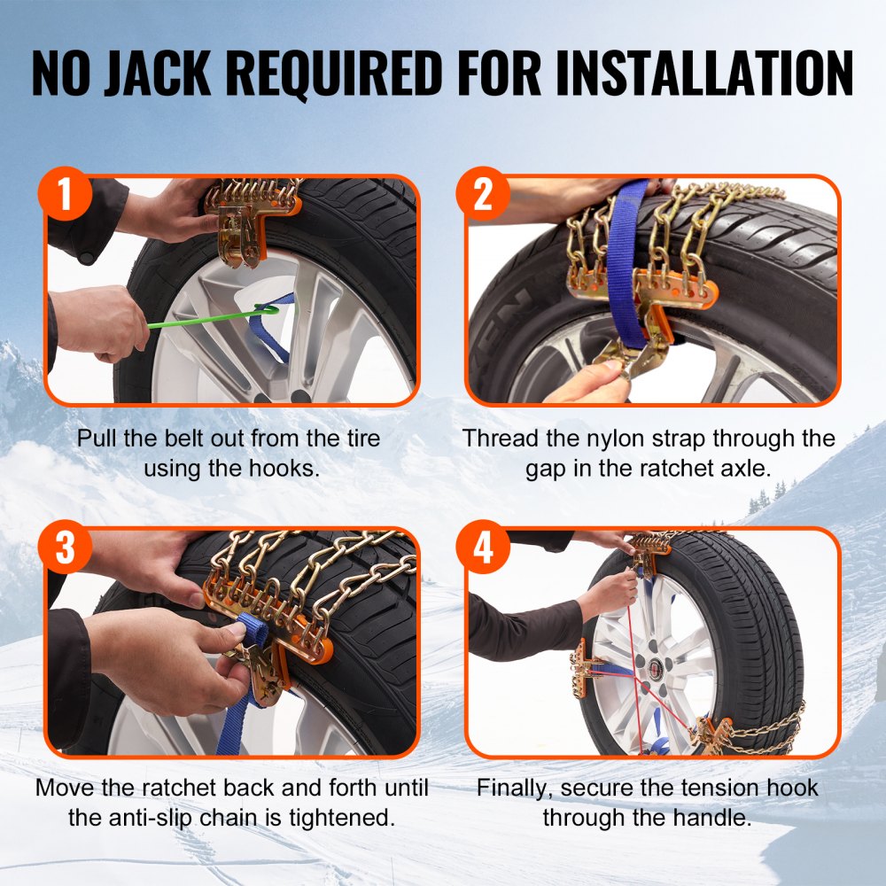 VEVOR 16 PCS Thickened Snow Chains, Tire Traction Wheel Chains for Tire Width 8-8.8 in /205-225 mm, Manganese Alloy Steel Emergency Tire Chains for Cars, Pickups, SUVs, and Trucks