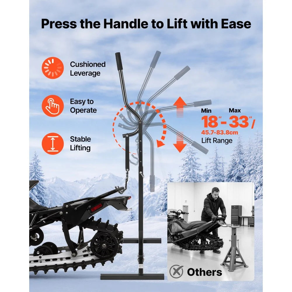 VEVOR Snowmobile Lever Lift Stand 18"- 33" Lift Height 750LBS Capacity, 5-Level Adjustable Height, Heavy-Duty Steel Snowmobile Lift Stand for Easy Track Maintenance & Repairs, Fits Most Snowmobiles