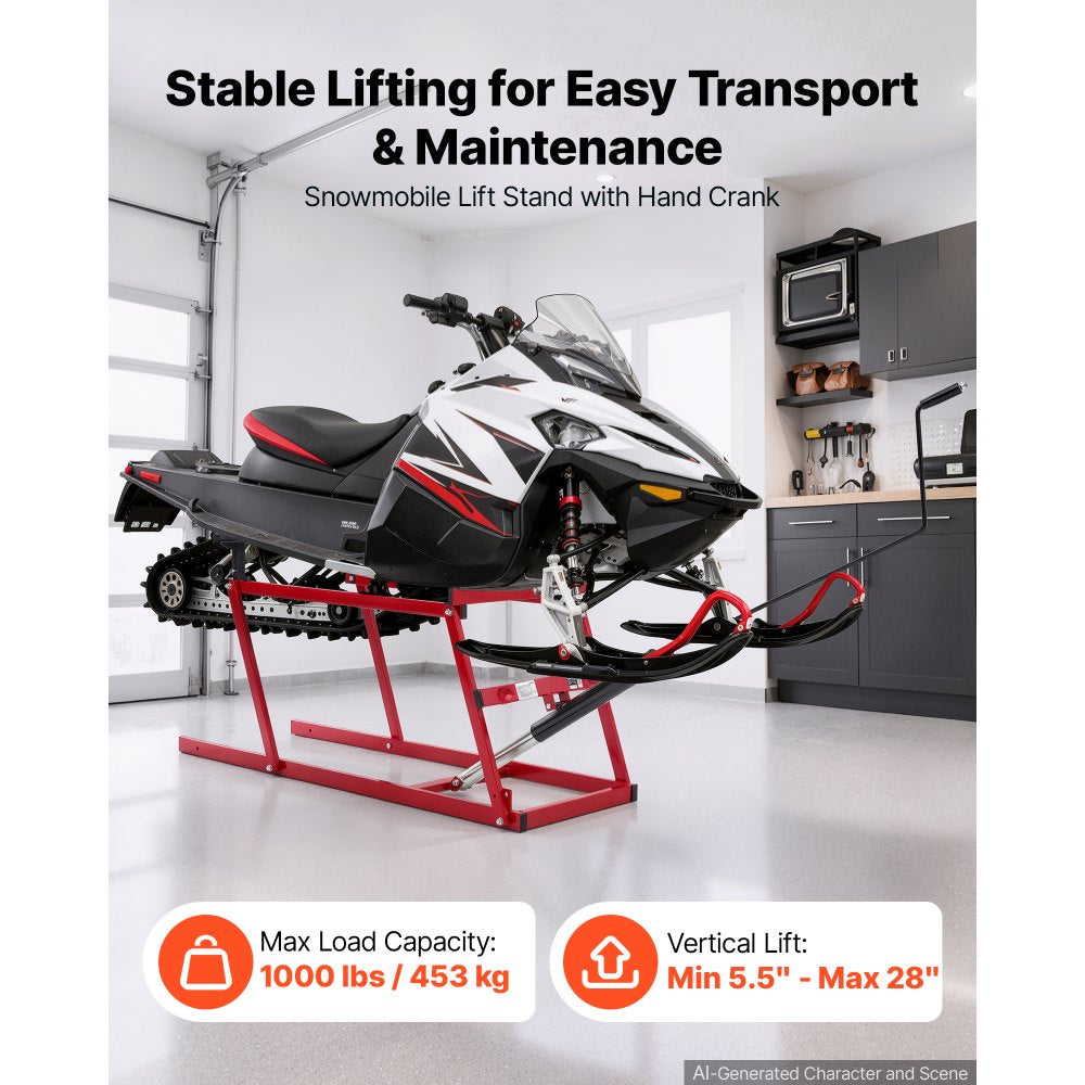 VEVOR Snowmobile Lift Stand with 5.5"-28" Lift Height & Manual Hand Crank, 1000LBS Load Capacity, Heavy-Duty Steel Support, Foldable Snowmobile Lifting Stand for Easy Track Maintenance & Parts Repair