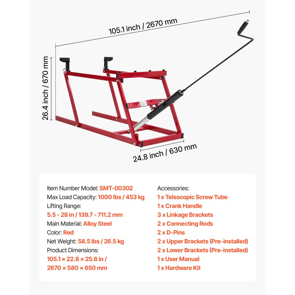 VEVOR Snowmobile Lift Stand with 5.5"-28" Lift Height & Manual Hand Crank, 1000LBS Load Capacity, Heavy-Duty Steel Support, Foldable Snowmobile Lifting Stand for Easy Track Maintenance & Parts Repair