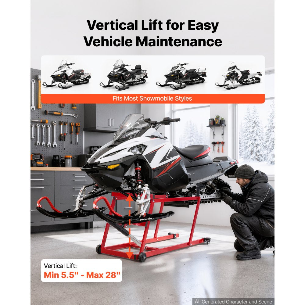 VEVOR Snowmobile Dolly Lift Stand 5.5"-28" Lift Height & Manual Hand Crank, 1000LBS Load Capacity with Wheels, Heavy-Duty Steel Support, Foldable Snowmobile Lifting Stand for Easy Maintenance & Repair