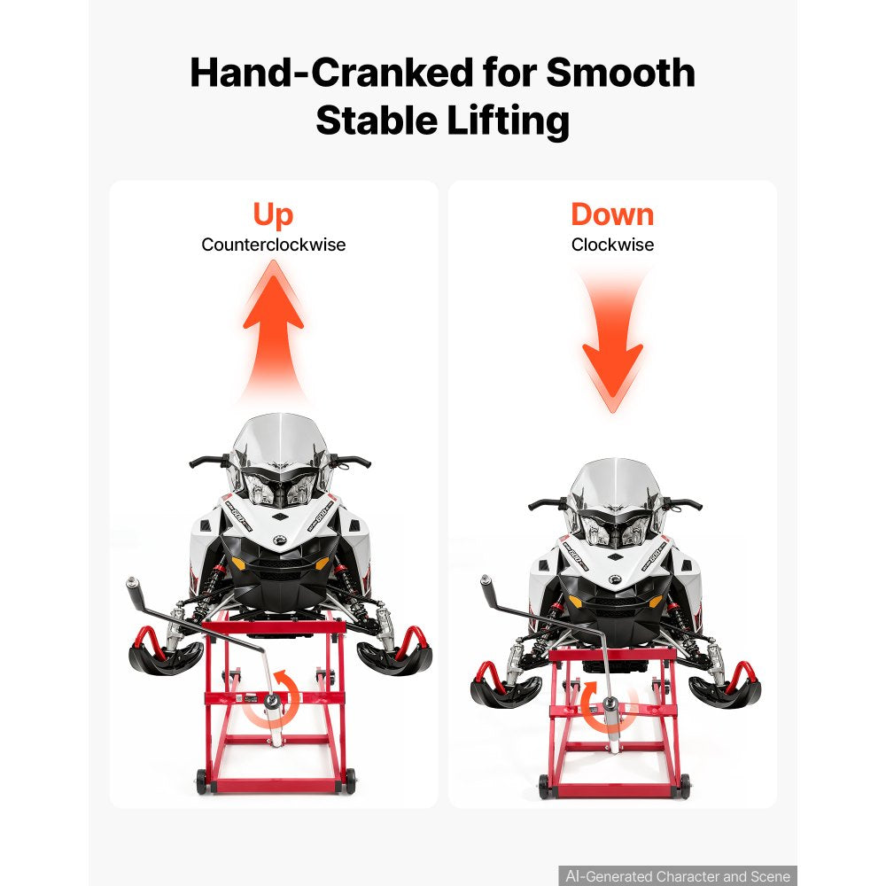 VEVOR Snowmobile Dolly Lift Stand 5.5"-28" Lift Height & Manual Hand Crank, 1000LBS Load Capacity with Wheels, Heavy-Duty Steel Support, Foldable Snowmobile Lifting Stand for Easy Maintenance & Repair