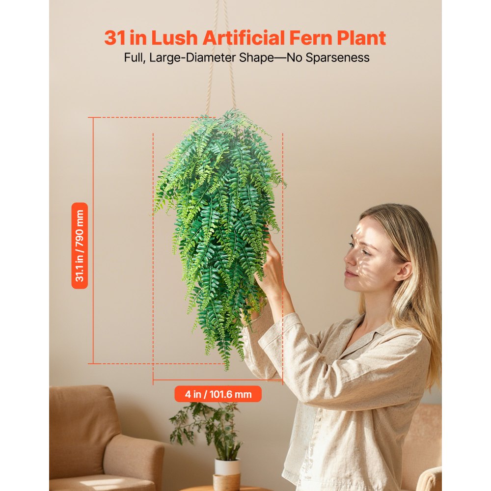 VEVOR Artificial Ferns, 12 Pcs Fake Hanging Boston Fern Bush Plant with 32 Inch Hanging Length, Plastic Faux Greenery for Indoor/Outdoor Decor, For Wall, Wedding Party, Home, Porch Garden, No Basket