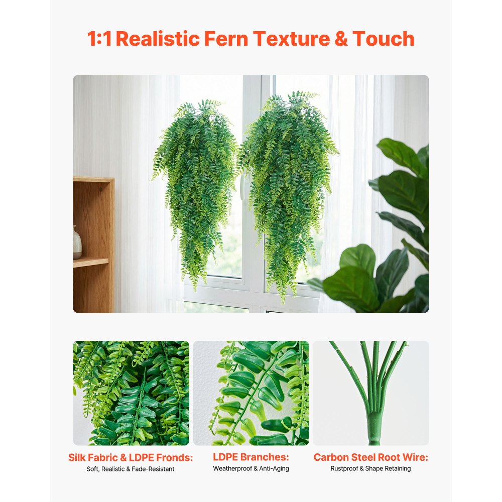 VEVOR Artificial Ferns, 12 Pcs Fake Hanging Boston Fern Bush Plant with 32 Inch Hanging Length, Plastic Faux Greenery for Indoor/Outdoor Decor, For Wall, Wedding Party, Home, Porch Garden, No Basket