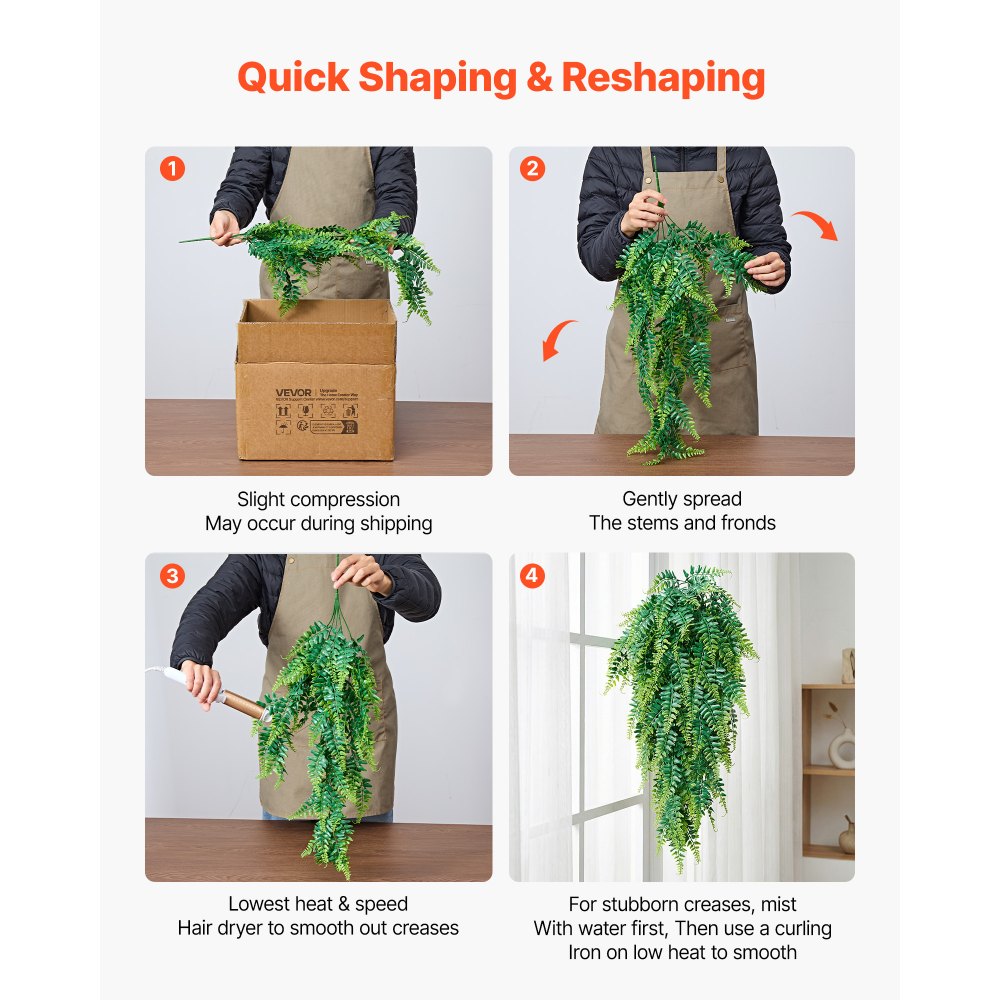 VEVOR Artificial Ferns, 12 Pcs Fake Hanging Boston Fern Bush Plant with 32 Inch Hanging Length, Plastic Faux Greenery for Indoor/Outdoor Decor, For Wall, Wedding Party, Home, Porch Garden, No Basket