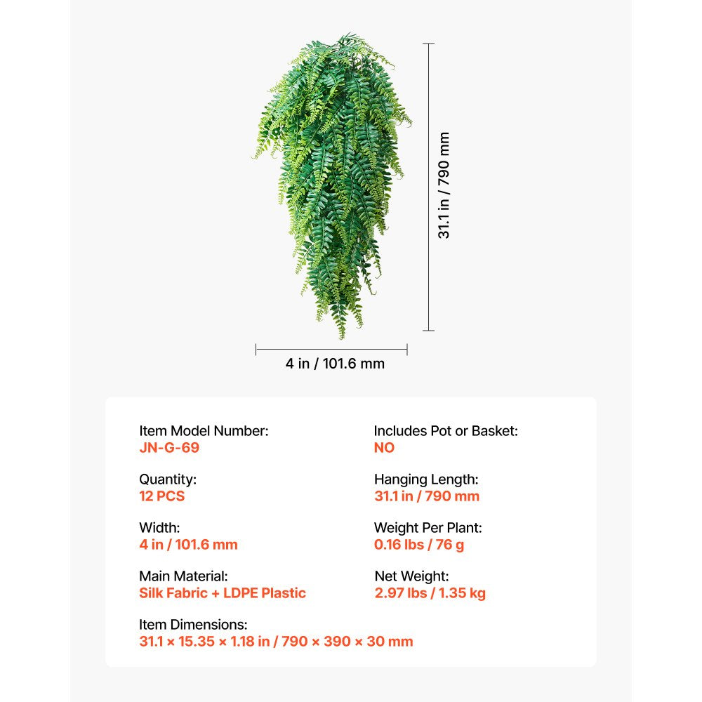 VEVOR Artificial Ferns, 12 Pcs Fake Hanging Boston Fern Bush Plant with 32 Inch Hanging Length, Plastic Faux Greenery for Indoor/Outdoor Decor, For Wall, Wedding Party, Home, Porch Garden, No Basket