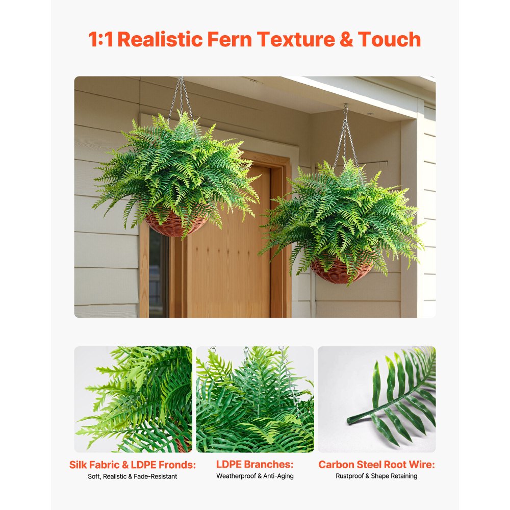 VEVOR Artificial Ferns, 2 Pcs Fake Hanging Boston Fern Bush Plant with 23 Inch Hanging Length, Plastic Faux Greenery for Indoor and Outdoor Decor, For Wall, Wedding Party, Home, Porch Garden, Office