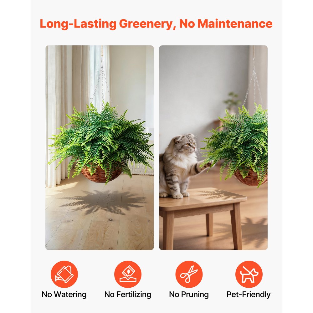 VEVOR Artificial Ferns, 2 Pcs Fake Hanging Boston Fern Bush Plant with 23 Inch Hanging Length, Plastic Faux Greenery for Indoor and Outdoor Decor, For Wall, Wedding Party, Home, Porch Garden, Office