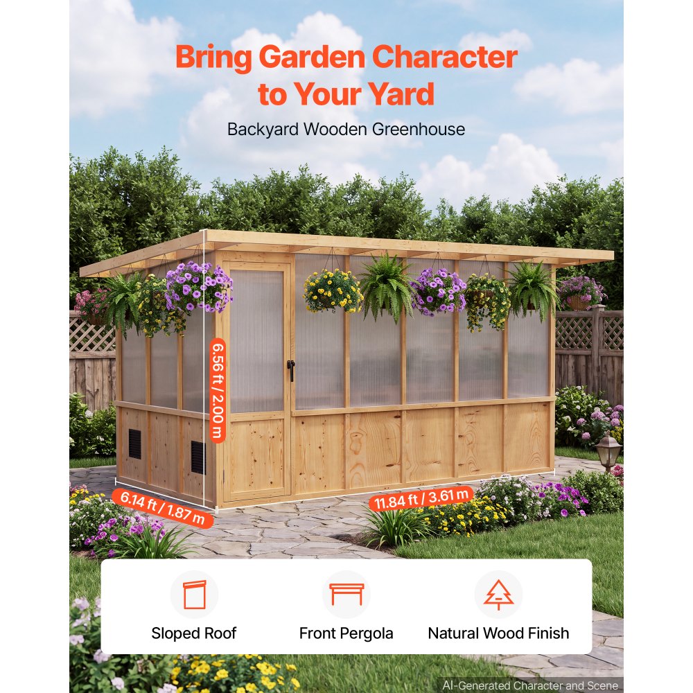 VEVOR Wooden Greenhouse 6'x12' Walk-In Green House Kit Pergola Sloped Roof, for Outdoor Garden Backyard, Heavy Duty Fir Wood with Polycarbonate Panels, Foldable Shelves, Tool Rails & Lockable Door