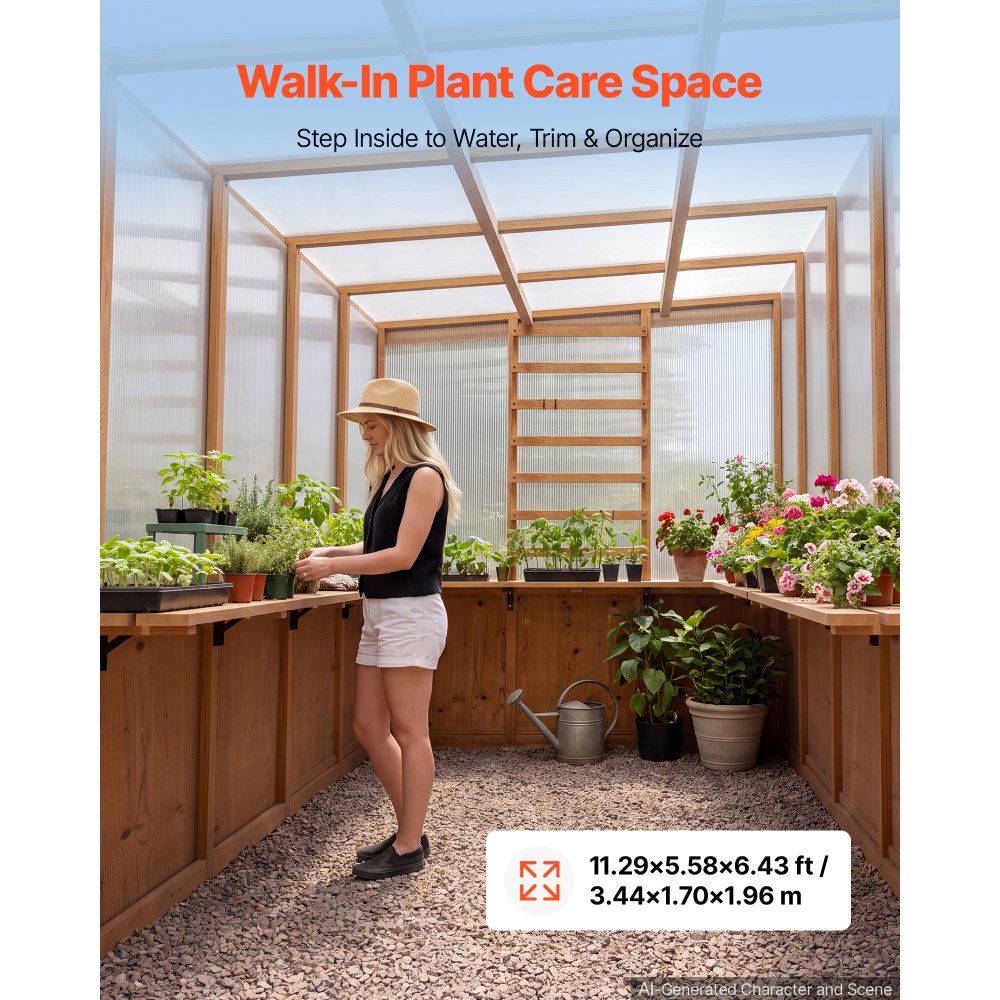 VEVOR Wooden Greenhouse 6'x12' Walk-In Green House Kit Pergola Sloped Roof, for Outdoor Garden Backyard, Heavy Duty Fir Wood with Polycarbonate Panels, Foldable Shelves, Tool Rails & Lockable Door