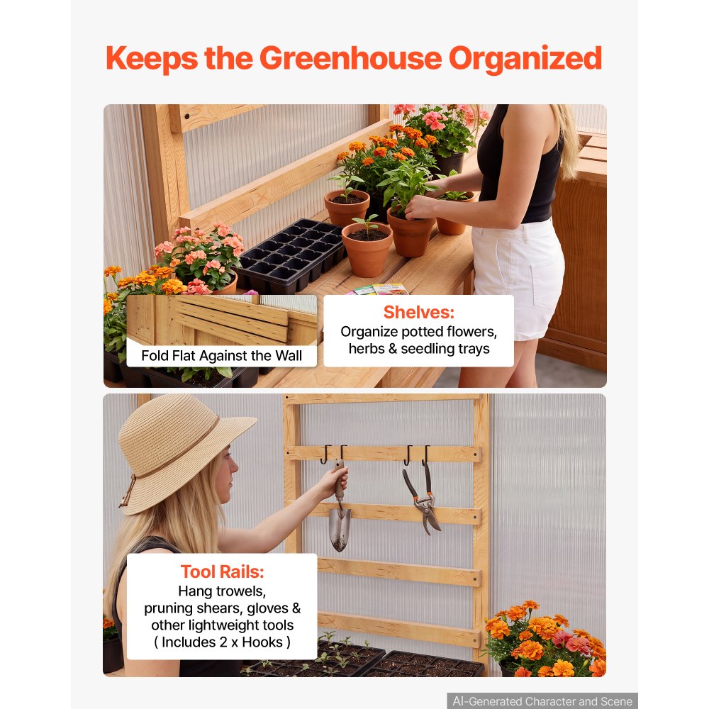 VEVOR Wooden Greenhouse 6'x12' Walk-In Green House Kit Pergola Sloped Roof, for Outdoor Garden Backyard, Heavy Duty Fir Wood with Polycarbonate Panels, Foldable Shelves, Tool Rails & Lockable Door
