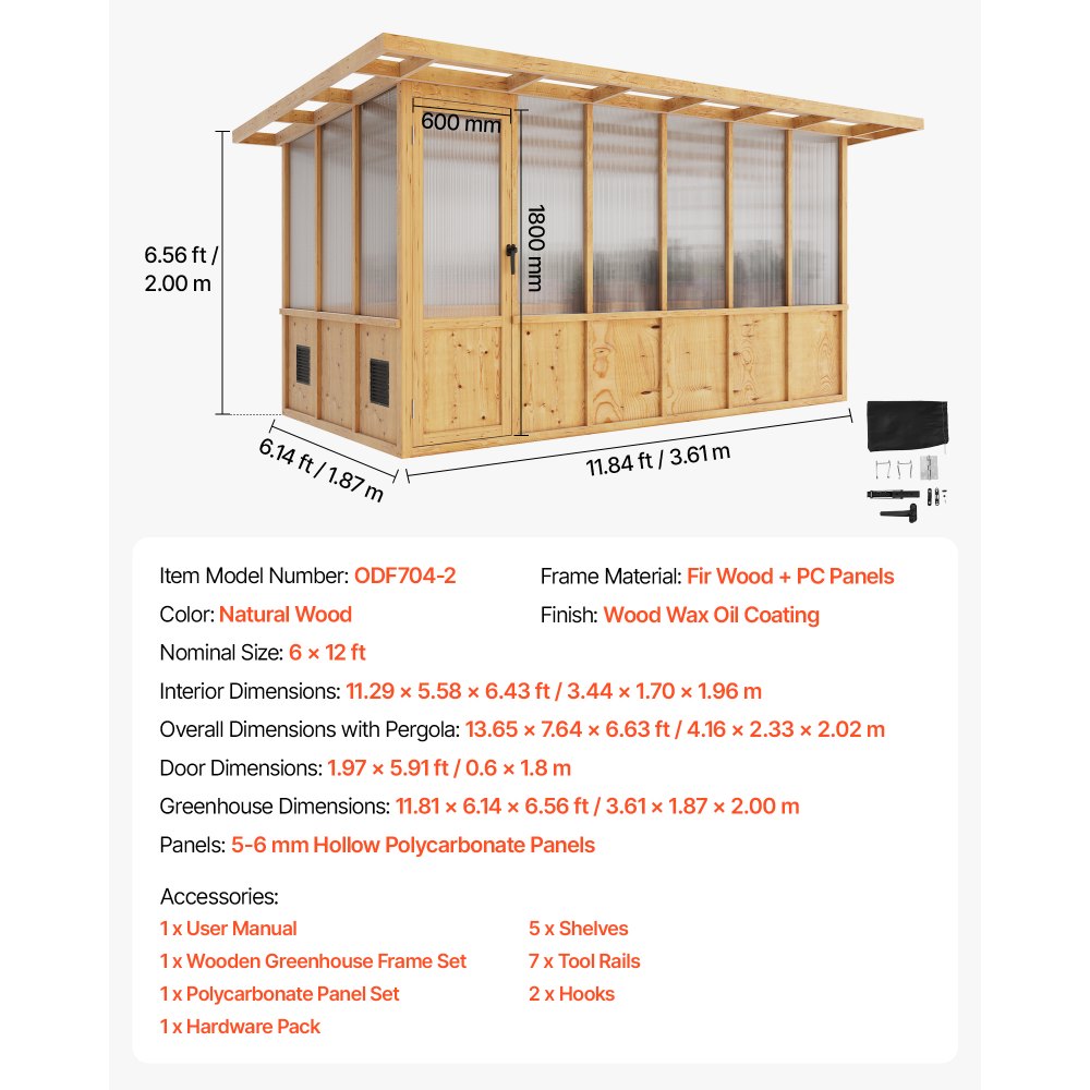 VEVOR Wooden Greenhouse 6'x12' Walk-In Green House Kit Pergola Sloped Roof, for Outdoor Garden Backyard, Heavy Duty Fir Wood with Polycarbonate Panels, Foldable Shelves, Tool Rails & Lockable Door