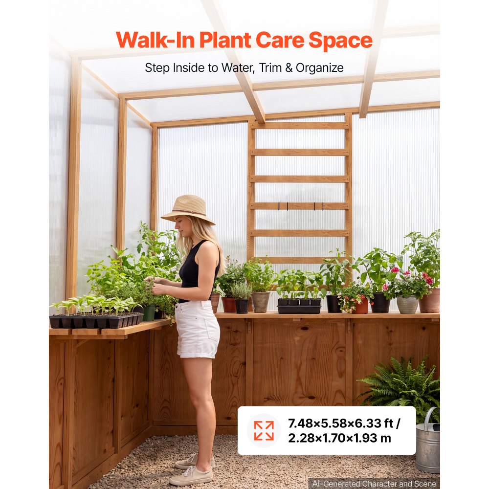 VEVOR Wooden Greenhouse 6'x8' Fir Wood Walk-In Greenhouse Kit Sloped Roof, for Outdoor Garden Backyard, Heavy Duty Green House with Polycarbonate Panels, Foldable Shelves, Tool Rails & Lockable Door
