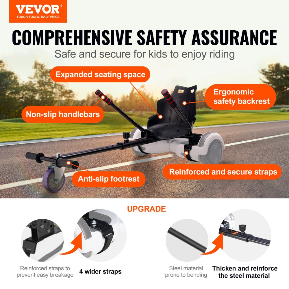 VEVOR Hoverboard Seat Attachment(Not included hoverboards), Compatible with All 6.5" 8" 8.5" 10" Hoverboards, Grips Control, Adjustable Frame Length and 220 LBS Load Capacity, Hover Board Go Karts Accessory, for Kids Adults.