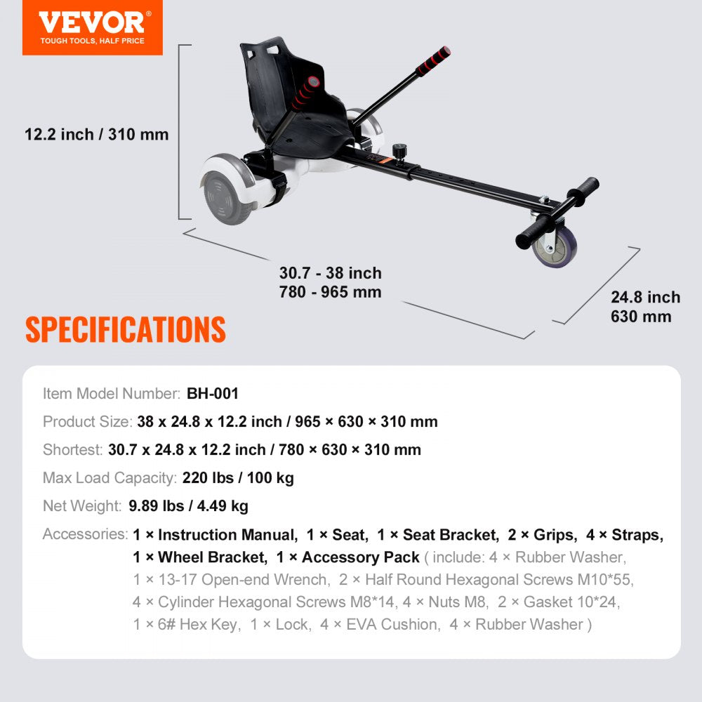 VEVOR Hoverboard Seat Attachment(Not included hoverboards), Compatible with All 6.5" 8" 8.5" 10" Hoverboards, Grips Control, Adjustable Frame Length and 220 LBS Load Capacity, Hover Board Go Karts Accessory, for Kids Adults.