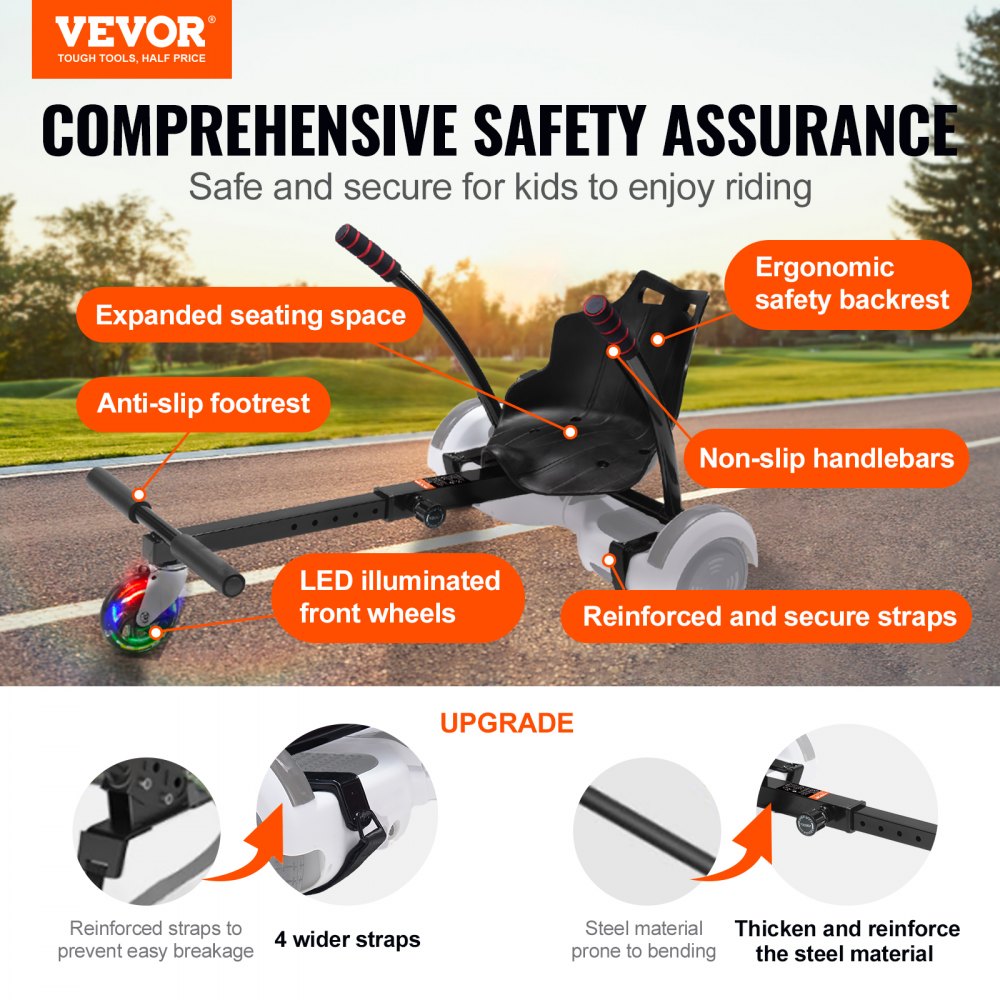 VEVOR Hoverboard Seat Attachment(Not included hoverboards), for 6.5" 8" 8.5" 10" Hoverboards, with LED Lights, Grips Control, Adjustable Frame Length and 220 LBS Load Capacity, Hover Board Go Karts Accessory, for Kids Adults