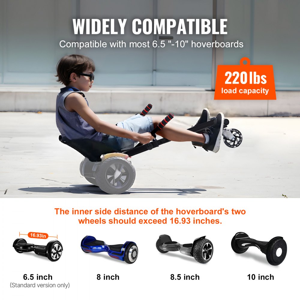VEVOR Hoverboard Seat Attachment(Not included hoverboards), for 6.5" 8" 8.5" 10" Hoverboards, with LED Lights, Grips Control, Adjustable Frame Length and 220 LBS Load Capacity, Hover Board Go Karts Accessory, for Kids Adults