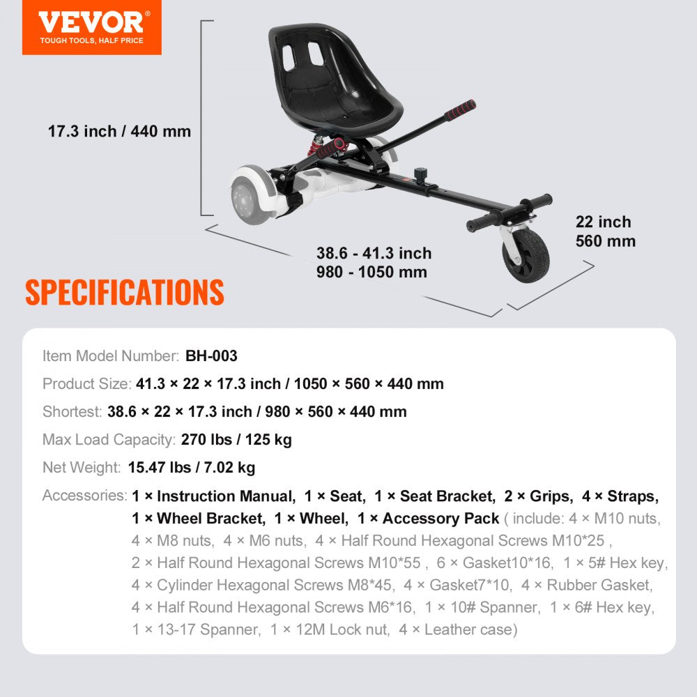 VEVOR Hoverboard Seat Attachment, for 6.5" 8" 8.5" 10" Hoverboards, Dual Shock Absorption System, Grips Control, Adjustable Length 270 LBS load Capacity, Hover Board Buggy Attachment, for Kids Adults