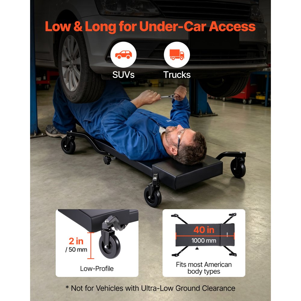 VEVOR 40 in Mechanic Creeper with 4 Large Wheels, 400 lbs Low Profile Under Car Garage Roller, Rolling Creeper with Raised Headrest, Manual Brake for Auto Repair