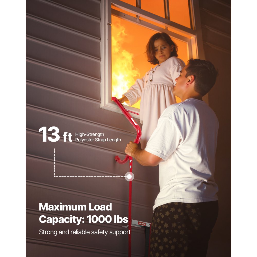 VEVOR Fire Escape Ladder, 2-Story 13FT Retractable Emergency Fire Ladder, Lightweight Aluminum Alloy Safety Escape Ladders with Sturdy Polyester Strap, Anti-Slip Rung & Wide Steps, 1000LBS Max Loading