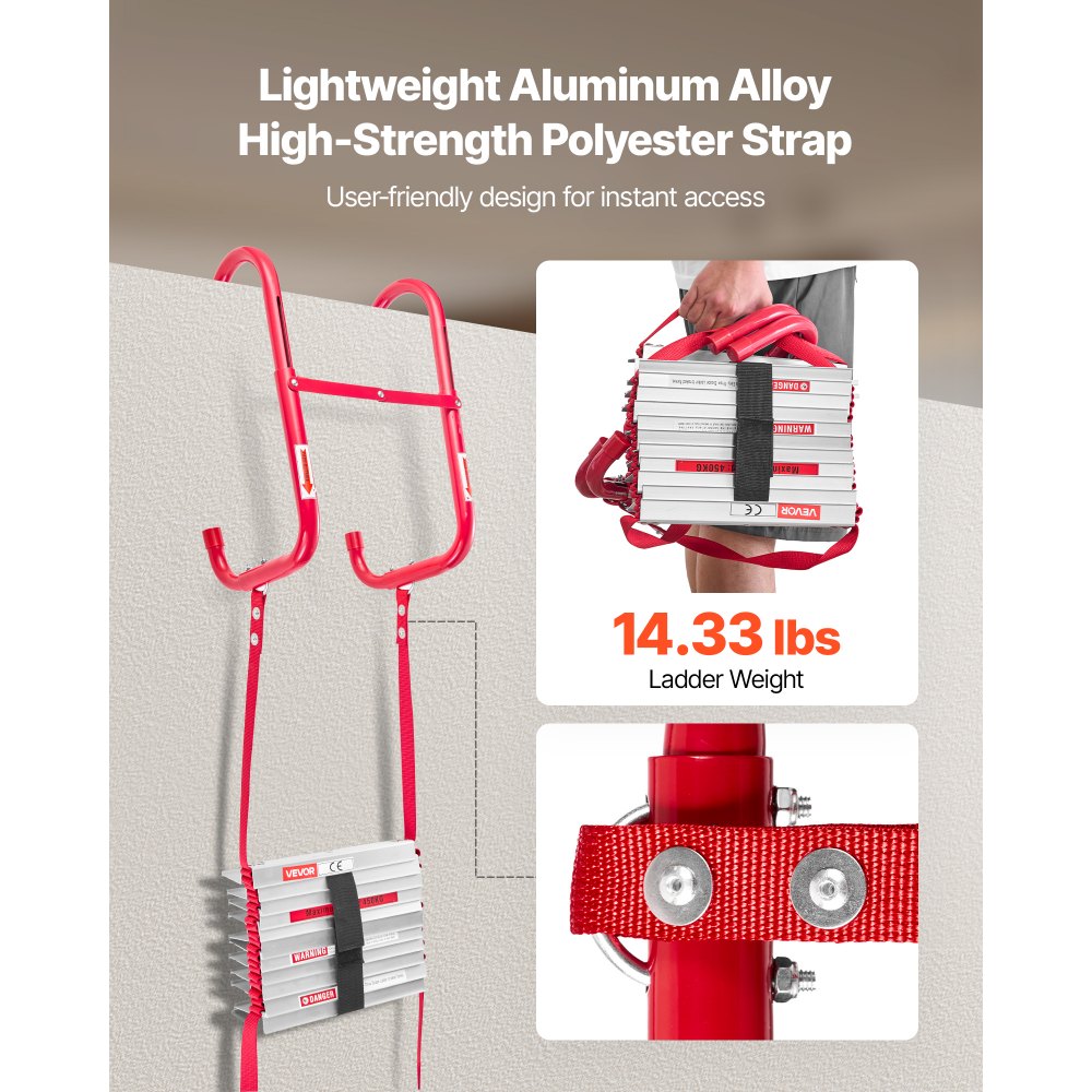 VEVOR Fire Escape Ladder, 3-Story 25FT Retractable Emergency Fire Ladder, Lightweight Aluminum Alloy Safety Escape Ladders with Sturdy Polyester Strap, Anti-Slip Rung & Wide Steps, 1000LBS Max Loading