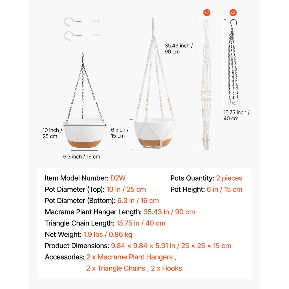 VEVOR Hanging Planters, 10 Inch Self-Watering Hanging Planter, 2 Pack Flower Pots with Drainage Hole & 2 Kinds of Plant Hangers, Plastic Basket Pots, for Garden Home Decor, Indoor & Outdoor Plants
