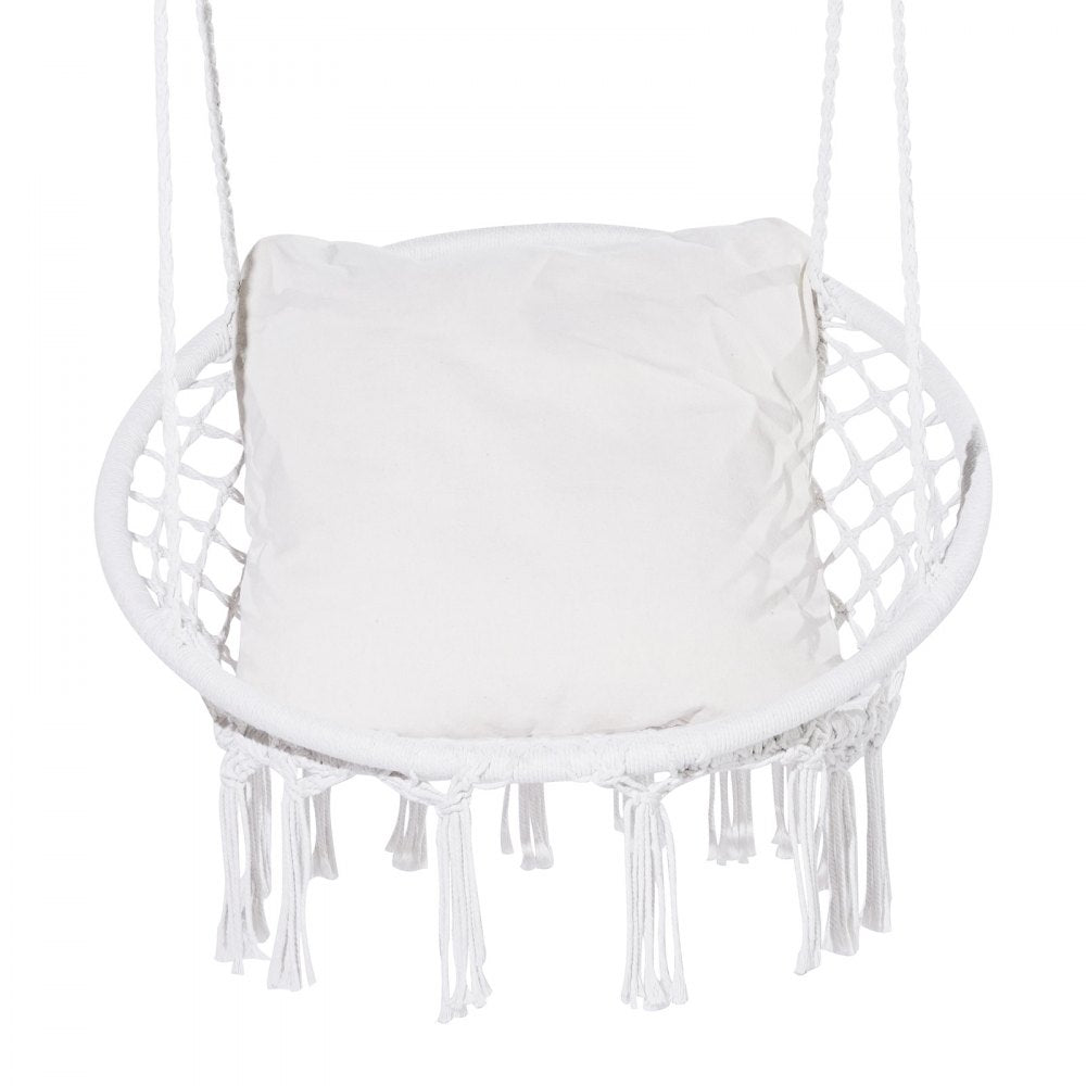 VEVOR Hanging Hammock Swing Chair, 330 lbs Capacity, Macramé Hanging Chair with Cushion and Mounting Hardware, Cotton Rope Swing Chair for Bedroom, Balcony, Patio, Garden, White