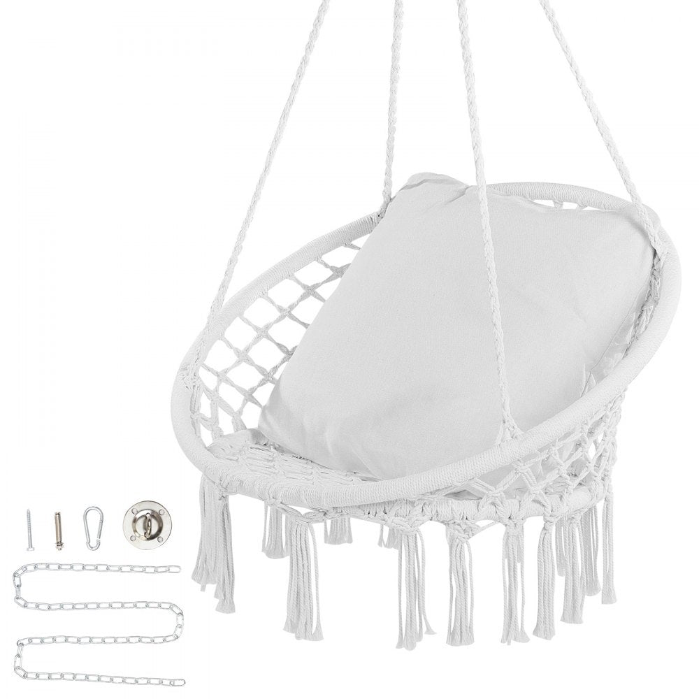 VEVOR Hanging Hammock Swing Chair, 330 lbs Capacity, Macramé Hanging Chair with Cushion and Mounting Hardware, Cotton Rope Swing Chair for Bedroom, Balcony, Patio, Garden, White